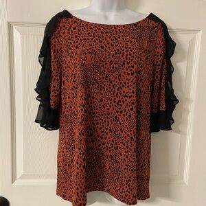 T37a- BOLD ELEMENTS Rust Orange-Black Laced Knit Cold-Shoulder LEOPARD Top